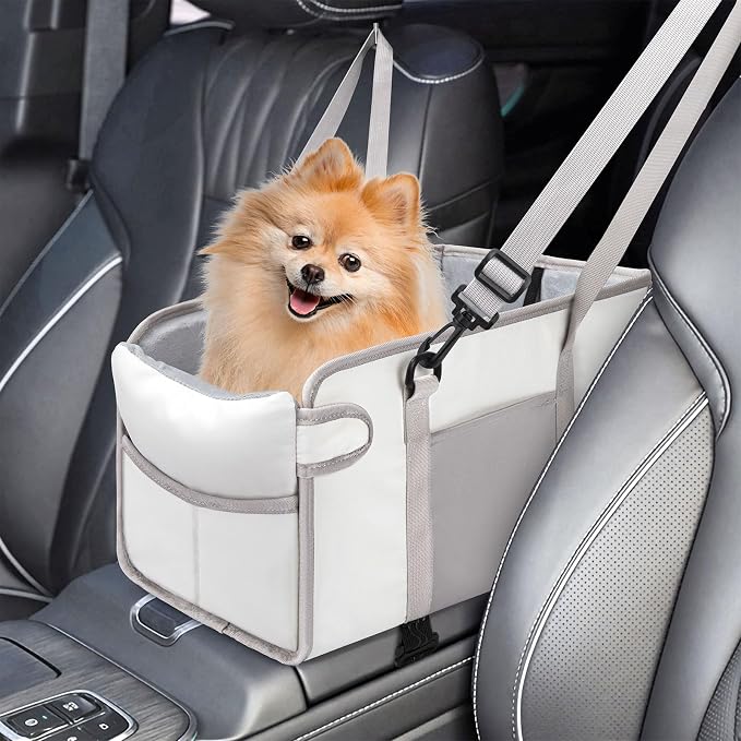 Portable Dog Car Seat for Small Dogs, Puppy Car Seat, Beige | Booster Seat With Safety Leash & Adjustable Straps Keeps Small Dogs Secure. Removable Washable Cushion. Fits Most Cars.