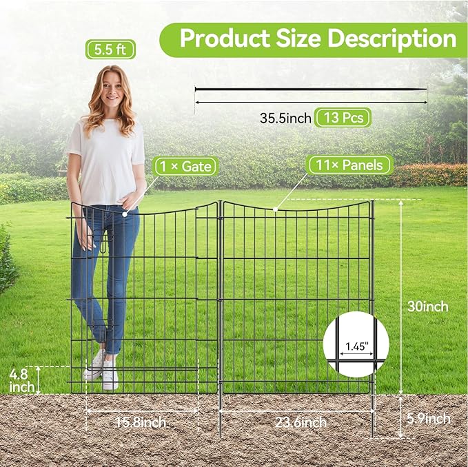 INJOPEXI Garden Fence 12 Panels 23.6ft (L)×30in (H) Decorative Metal Fences with 11 Panels + 1 Gate, No Dig Animal Barrier Fencing Rustproof Wire Temporary Rabbit Dog Fence Border for Outdoor Yard