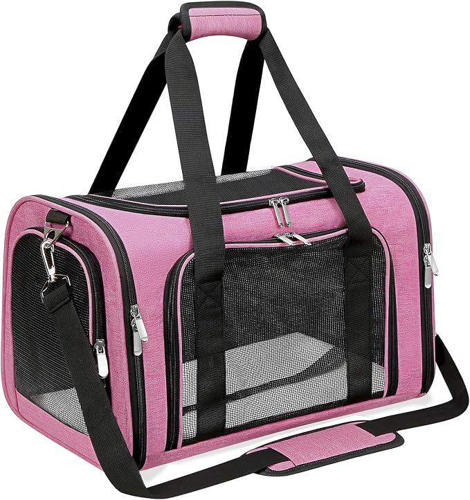 Soft-Sided Cat/Dog/Pet Carrier, Collapsible Pets Travel Carriers for Big Cats/Small Dogs with Shoulder Strap & Removable Mat, Mesh Puppy Carry Bag, Up to 25 Lbs (Pink)