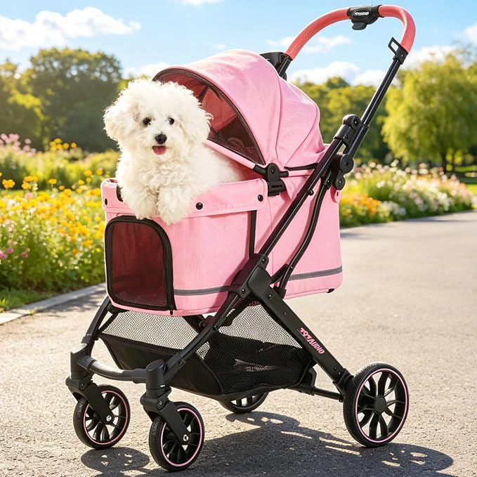797Audio Dog Stroller for Small Medium Dogs, Pink Pet Stroller for Cats Puppy Up to 121lbs, Foldable,One Click Folding,4 Wheel Shock Absorption,Adjustable Canopy with Sun Shades,Removable Washable Pad
