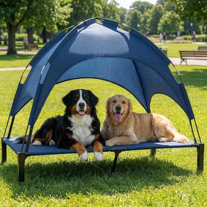 Elevated Dog Bed with Canopy Raised Pet Cot for Large Dogs, Outdoor Dog Cot with Removable Sun Shade Tent, Breathable Mesh Portable Dogs Cot for Camping, Beach, Backyard, Outdoor Use