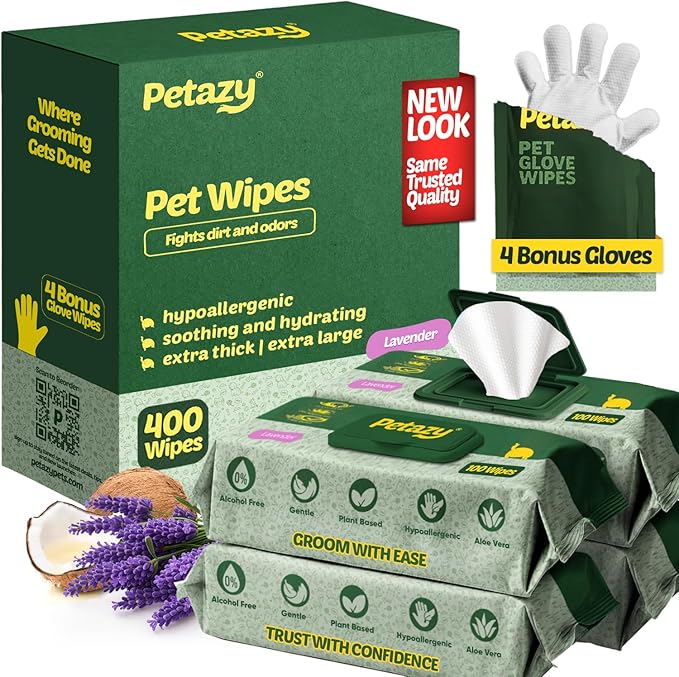 Petazy 400 Dog Wipes for Paws and Butt Ears Eyes | XL 8X8 Organic Pet Wipes for Dogs | Lavender Scent Dog Wipes Cleaning Deodorizing | Extra Thick Paw Wipes for Dogs Cats Pets | +4 Bonus Glove Wipes