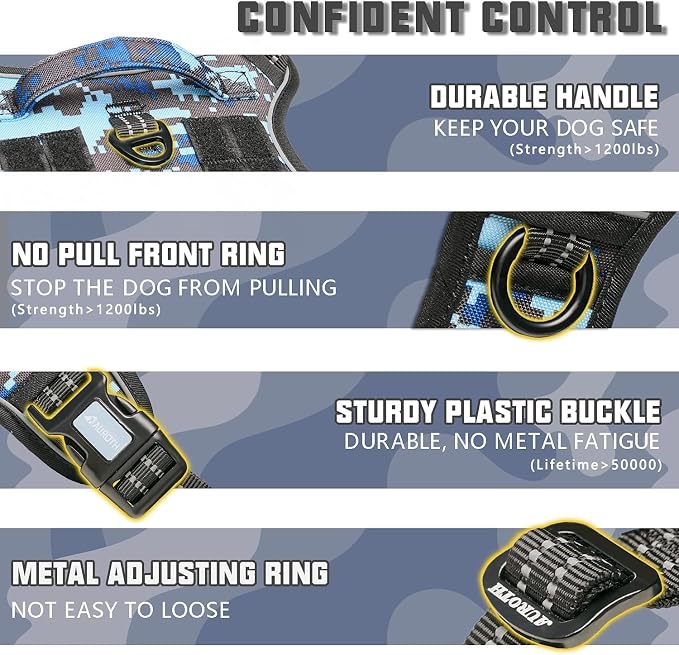 Auroth Tactical Dog Training Harness No Pulling Front Clip Leash Adhesion Reflective K9 Pet Working Vest Easy Control for Small Medium Large Dogs Blue Camo S