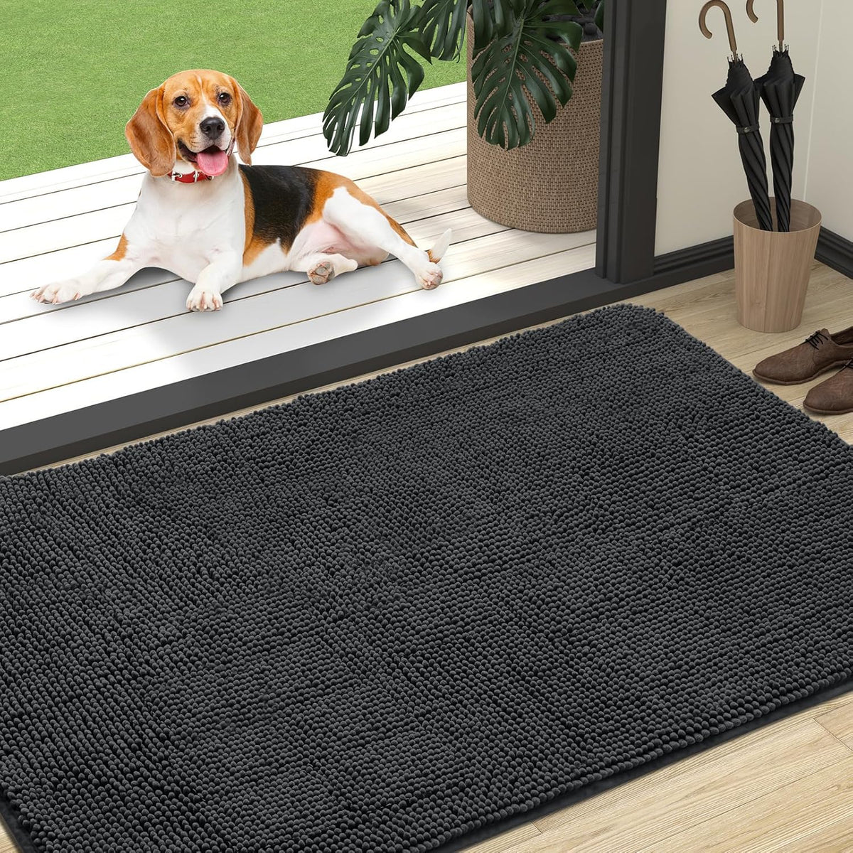 OLANLY Dog Door Mat for Muddy Paws 47x32, Absorbs Moisture and Dirt, Absorbent Non-Slip Washable Doormat, Quick Dry Chenille Mud Mat for Dogs, Entry Indoor Entryway Carpet for Inside Floor, Dark Grey