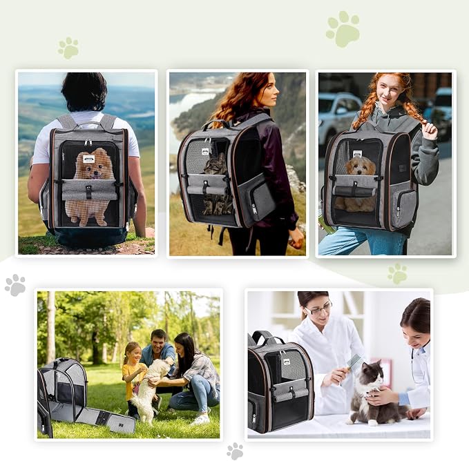 Cat Carrier Backpack, Expandable Pet Carrier with Sun Shade & Full Front Opening, Breathable Mesh Backpack for Small Dogs & Medium Cats Up to 18 Lbs, Foldable for Hiking, Camping (Grey)