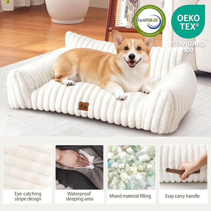 Dog Couch for Pets, Cute Small Dog Bed Medium Size Dogs with Cozy Soft Faux Rabbit Fur for Small & Medium Dogs, Supportive Pet Sofa with Removable Washable Cover, Cream, 36"