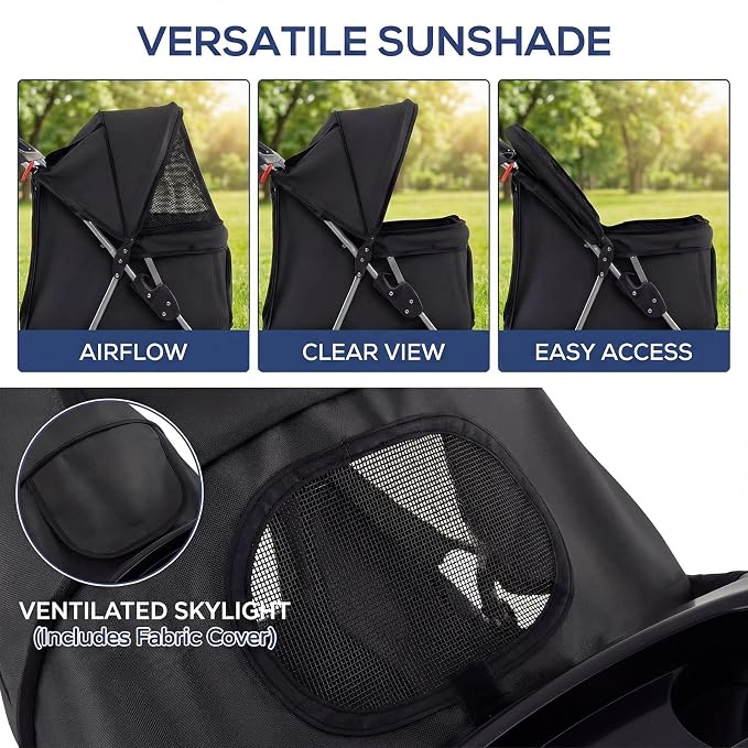 Giantex Foldable Pet Stroller for Small Dogs & Cats, Lightweight Dog Stroller with Lockable Wheels, One-Hand Quick Fold, Adjustable Canopy, Safety Leash & Storage Basket, Pet Travel Stroller, Black