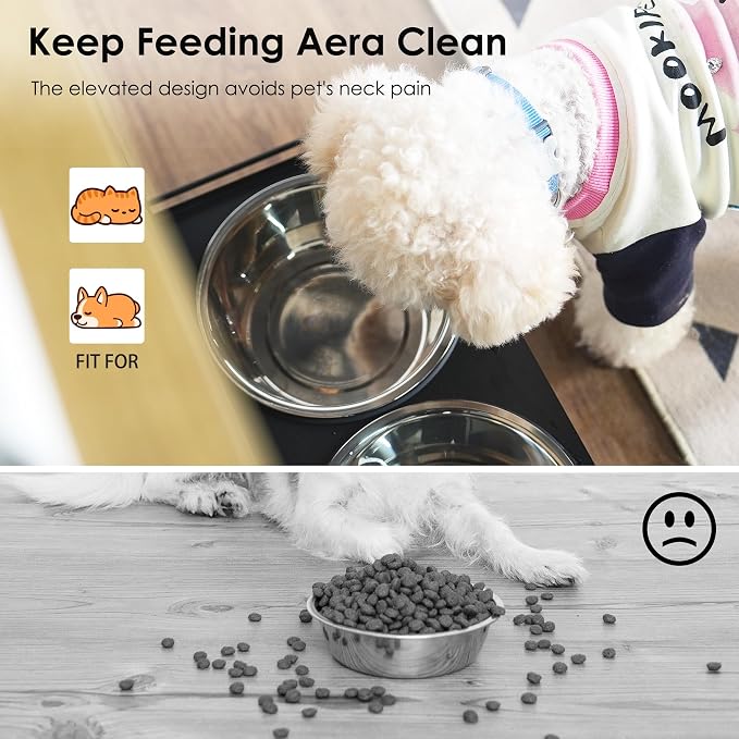 Feeding Station with 1 Storage Cabinets, Pet Feeding Station with 2 Elevated Dog Bowls, Side Hooks, Anti-tip Kit, Hidden Pet Feeder Station for Feeding & Watering, Black