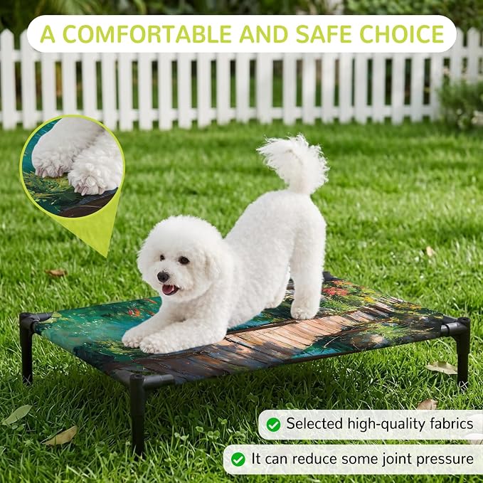 Outdoor Elevated Dog Bed for Medium Dogs, Wooden Bridge Pond Breathable Cooling Raised Dog Cot for Indoor/Outdoor, Spring Floral Fish Waterproof Elevated Pet Beds, M 24 x 20 in