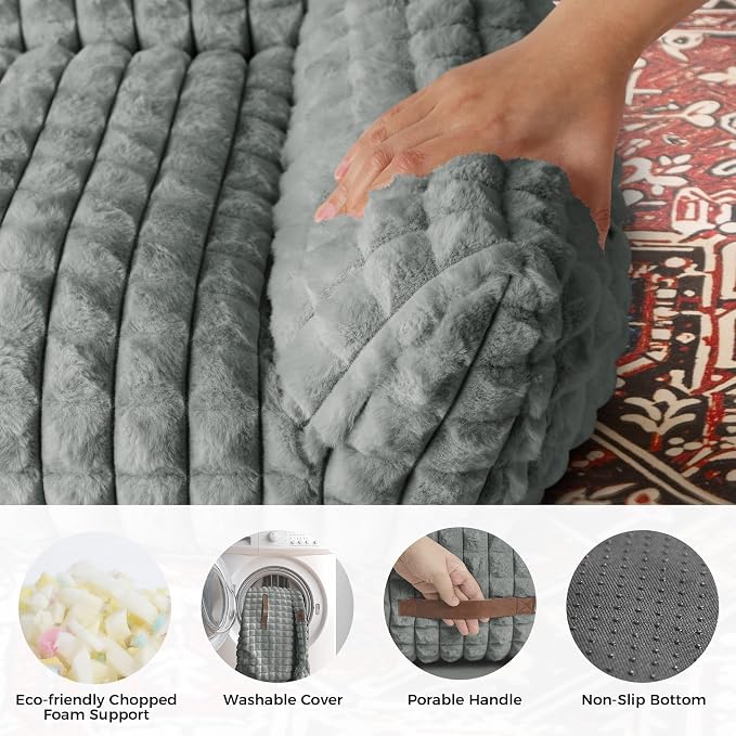 Cute Small & Medium Dog Couch Bed – Supportive & Fluffy Pet Sofa with Faux Rabbit Fur Washable Cover in 3D Diamond Pattern, 36" Grey