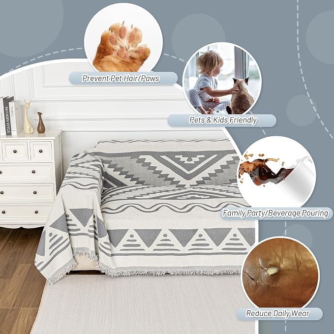 MYSKY HOME Sectional Couch Cover Grey Boho Geometric Sofa Covers for Sectional Sofa L Shape Chenille Couch Protector for Dogs Pets Couch Throw Cover Washable Durable for Home Decor, 71" X118"