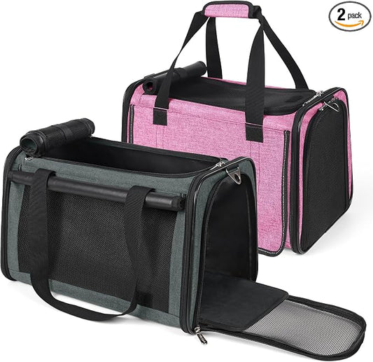 YUDODO 2 Packs 25 lbs Lightproof Soft Sided Cat Carrier for Large Cat & Small Dog Airline Approved Travel Puppy Carriers with Side Pockets & Reflective Mesh, Foldable Portable for Car Grey Green+Pink