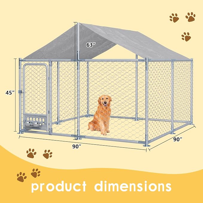 7.5×7.5×5.3 FT Outdoor Dog Kennel Enclosure w/Roof, Rotating Feeder | Large Heavy Duty Dog Run Playpen with 2 Stainless Bowls, Galvanized Pet House with Secure Lock, Waterproof Cover