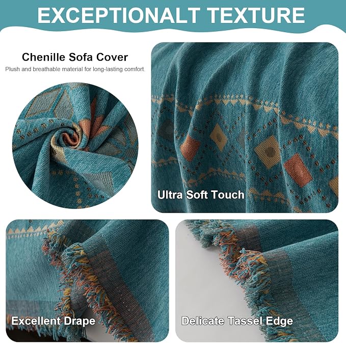 VClife Boho Couch Cover Green Geometric Jacquard Pattern Sofa Cover, 1 Piece Large Couch Covers for 3 Cushion Couch Sofa Washable Plush Chenille Sofa Protector for Living Room, 71x134 Inch
