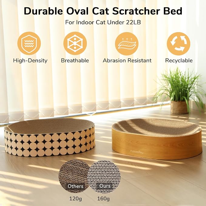 FUKUMARU Cardboard Cat Scratcher Bed, 2-in-1 Oval Cat Scratch Pad | Cats Scratching Board Lounge Bed Indoor, Durable Modern Kitty Scratcher Bowl, Cats Scratch Furniture Protector, Wood Color