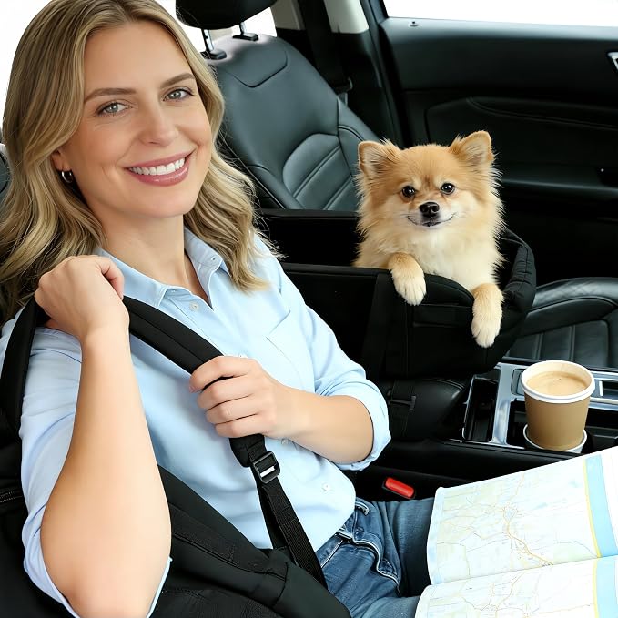 Center Console Dog Car Seat, Waterproof Small Puppy Carrier | Waterproof Faux Leather, for Dogs Under 9 lbs, 2-in-1 Console Dog Car Seat & Carrier, Sturdy Cushioned, Anti-Collapse Walls