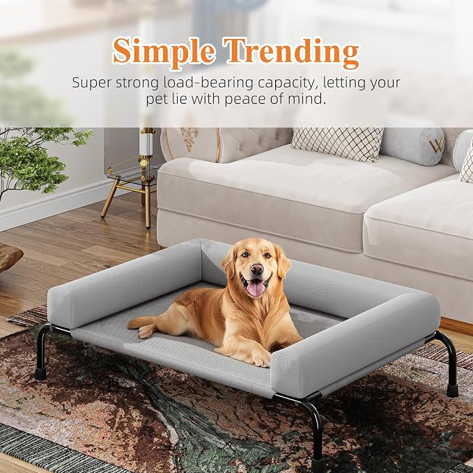 Simple Trending Elevated Dog Bed for Large Dogs with Bolsters, Grey | Cooling Raised Dog Cot, Breathable Pet Bed for Outdoor, 47.75" x 31"