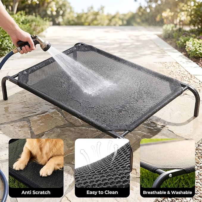 Outdoor Raised Dog Cot Bed for Large Dogs, Large Breathable Elevated Cooling Dog Beds, Off Ground Training Pet Hammock Bed with Anti-Slip Base, 41"x25", Black