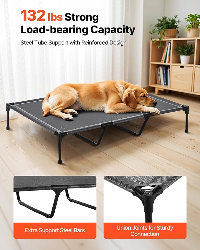 VEVOR Elevated Dog Bed for Large Dogs, Portable Raised Dog Cot with Steel Metal Frame and Breathable Teslin Mesh, Indoor & Outdoor Pet Cooling Raised Hammock Bed, XL, Gray