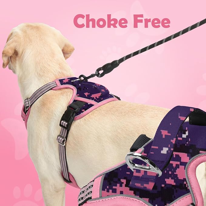 Dog Harness No Pull, Adjustable Pet Vest Harness, Super Soft Material with Vertical Handle Easy Control, Reflective Night Walking, 2 Leash Clips for Large Dogs, Mosaic Pink, L