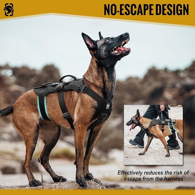 OneTigris Escape Proof Dog Harness, No Pull Dog Harness with Handles, Tactical Multi-Use Support Dogs Harnes for Large Dogs Everyday Wear Walking Hiking Training (Black, X-Large)