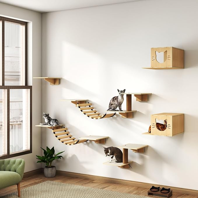 NYEEKOY Cat Wall Shelves, Wood 8-in-1 Cat Wall Furniture Set, Large Cat Shelves for Wall with Scratching Post, Cat Climbing Wall Activity Center for Climb, Play, Rest, and Scratch, Natural Wood