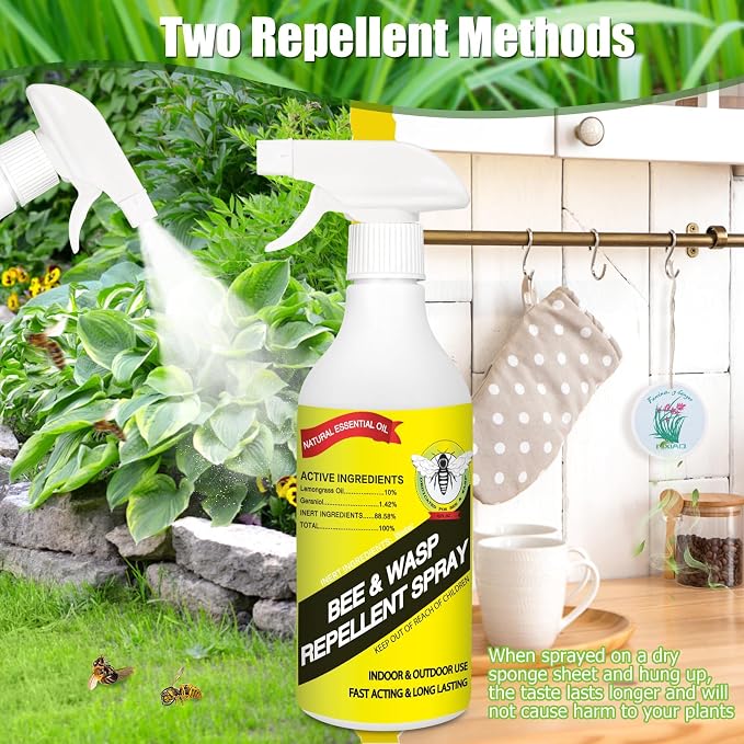 16Oz Wasp & Bee Repellent Outdoor Spray with Natural Essential Oils, Hornet & Yellow Jacket Killer Spray for Indoor & Outdoor Use on Patios, Gardens, and Yards