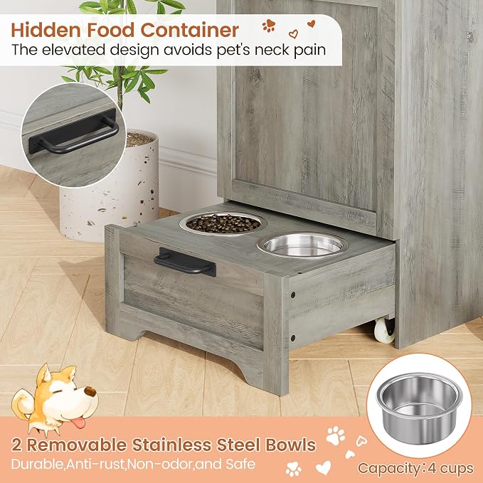 Dog Feeding Station with 2 Elevated Dog Bowls | Pet Feeding Station,Flip Top Pet Food Cabinet,Pet Food Container,Pet Toy Storage Organizer,Modern Storage Organizer, Grey