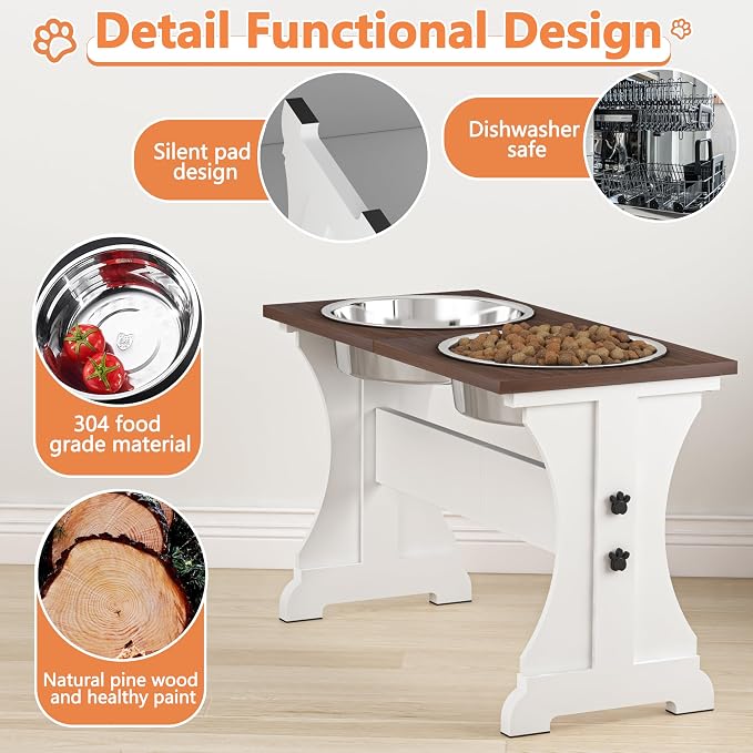 Piskyet Elevated Dog Bowls,Dog Bowl Stand, 12Cups15.7 H_90oz Bowl-Farmhouse | Farmhouse Dog Bowls Stand, Raised Dog Bowl with 2 Stainless Steel Wooden Dogs Bowls for Large Size Dogs