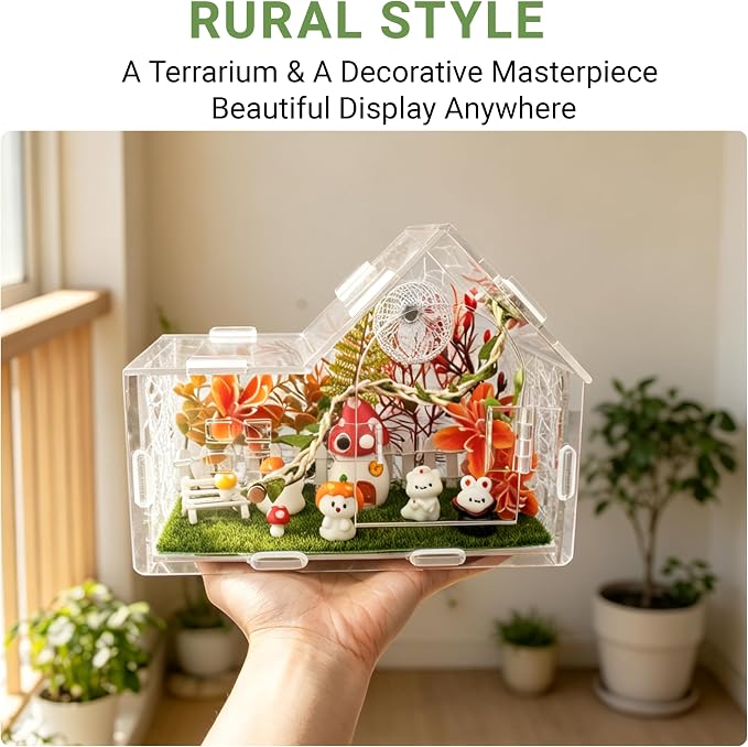 Acrylic Jumping Spider Enclosure Kit 25PCS with Decor | 25-in-1 woodland theme set with mushroom decor, white hideout, plants, ideal for mantis & tarantula