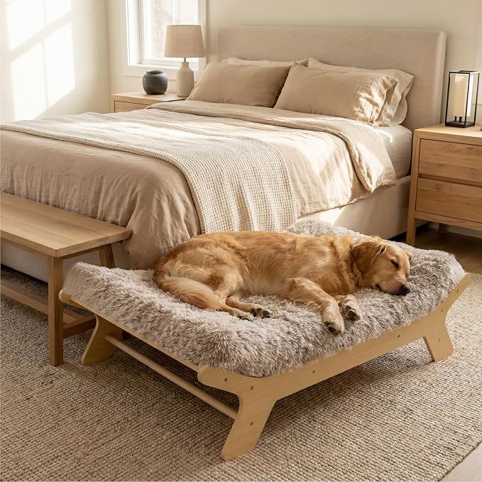 Elevated Wood Dog Bed Frame Mat Set, WoodPattern, X-Large | Raised Sturdy Attractive Dog Sofa Couch Furniture, 110 lb