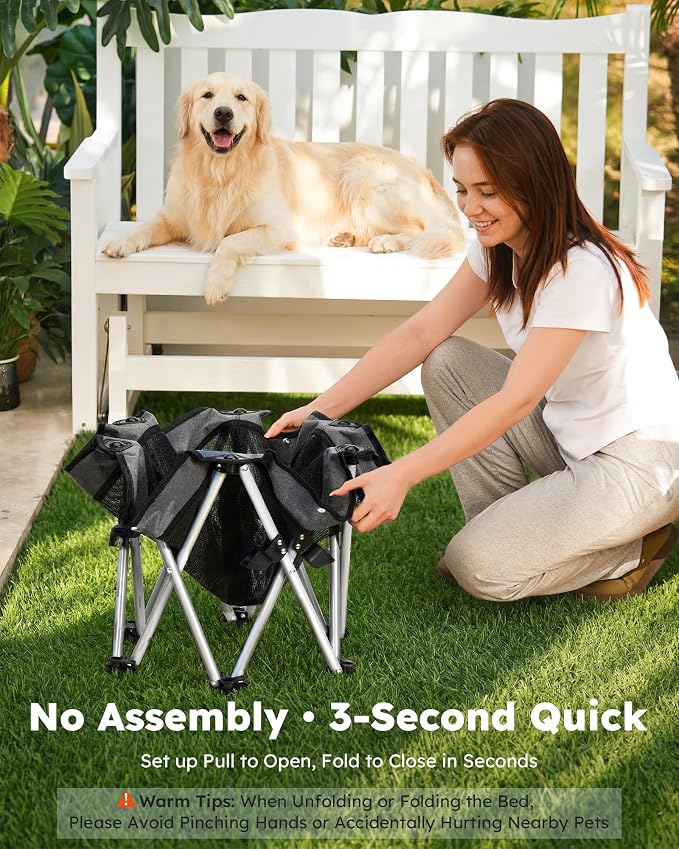 Pecute Raised Dog Bed with Cooling Mat, Elevated Pet Cot for Large Dogs, XL | Breathable Textilene Mesh, Outdoor Camping & Beach, Steel Frame,130 lbs Heavy Duty Support, Tool-free 3-second Quick Assembly