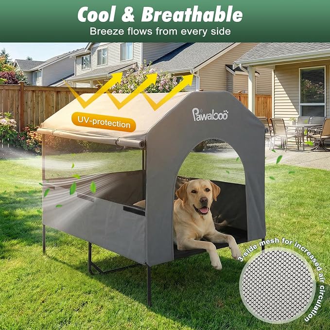 Pawaboo 47" XL Dog House Outdoor Weatherproof, with Breathable Mesh Windows | Elevated Dog Cot Bed Dogs Tent Shade, Indoor/Outdoor Sunshades Large Dogs Shelter, Grey