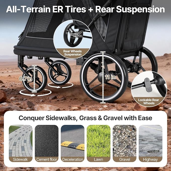Beberoad Pet Stroller for Medium Dogs, Dog Stroller One-Second Fold, R7 All-Terrain with ER Tires, Mesh Dual-Window, Full Disassembly&Washable Waterproof Oxford Fiber