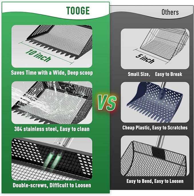 TOOGE Large Chicken Poop Scooper: 2-in-1 Metal Pooper Scooper & Rake Adjustable 62" Long Handle Stainless Steel Sand Sifting Litter Shovel Chicken Coop Scoop Cleaning for Bedding Goats Bright Black