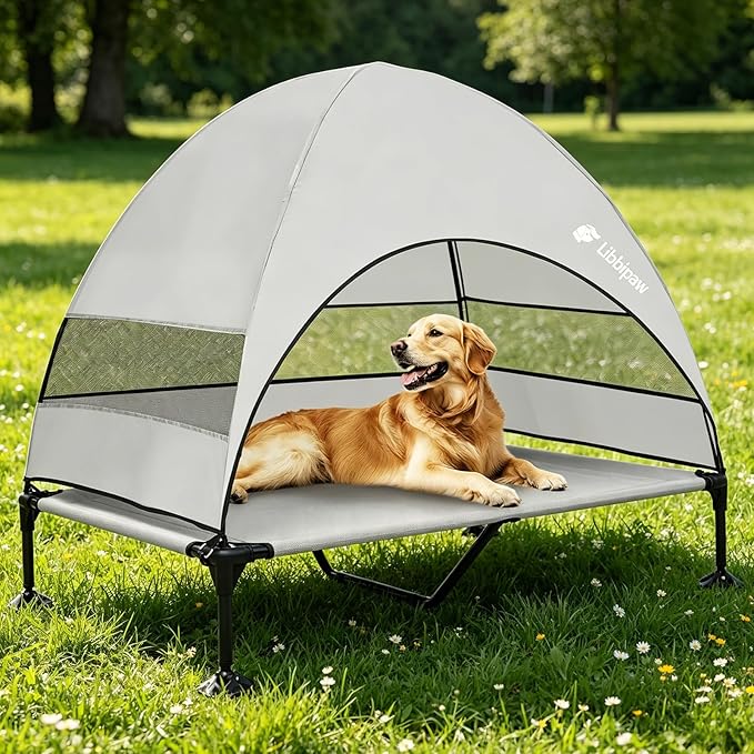 Outdoor Elevated Dog Bed with Canopy for Large Dogs, Grey, XL | Breathable Raised Cot with Shade, Tool-Free Setup for Patios, Backyards and Camping