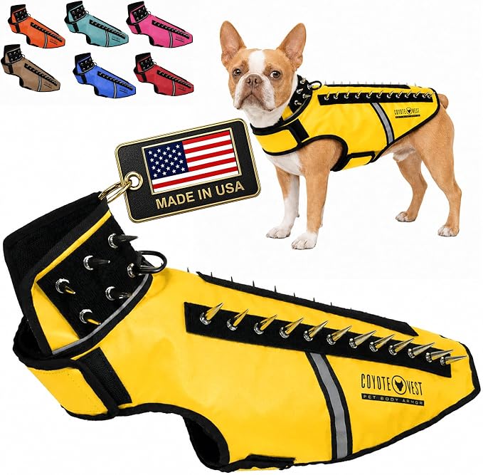 CoyoteVest SpikeVest Dog Harness, Made in the USA, M-Yellow | Stab-Resistant Protective Vest | Coyote Vest for Dogs | Defends Against Coyotes, Dogs, Birds of Prey | Reflective Safety