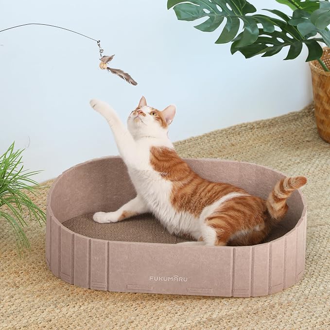 FUKUMARU Cat Scratcher, 24 Inch Sofa Shape Cat Scratching Bed Couch Indoor | Oval Felt Cat Scratcher Bed with Reversible Detachable Cat Scratching Boards, Round Cats Scratch Pads Refill, Beige