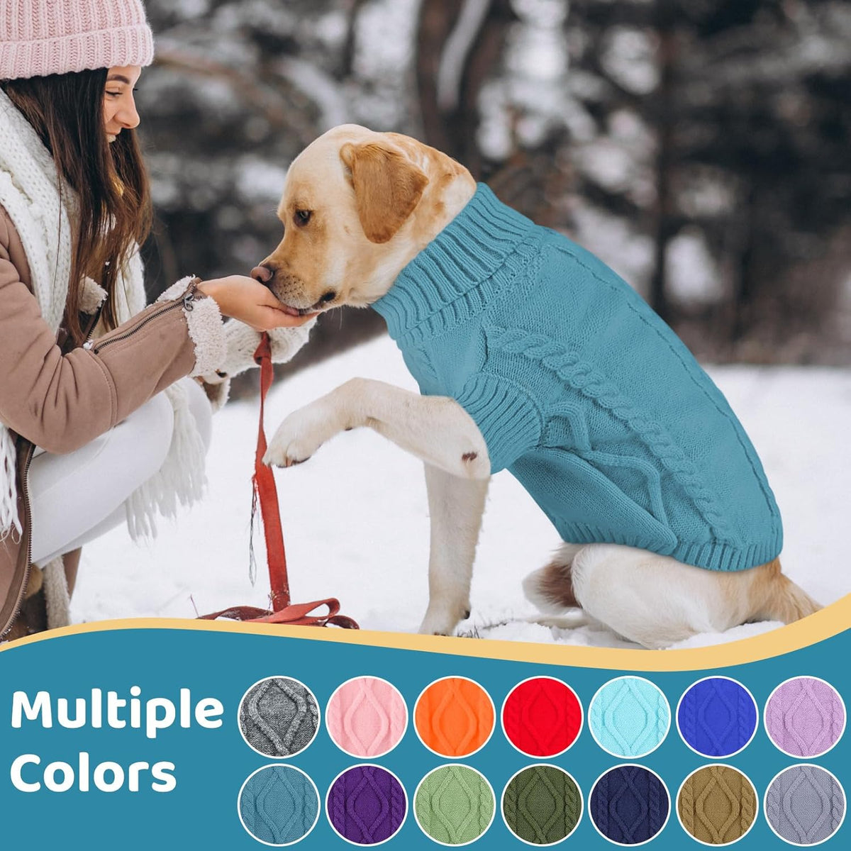 Queenmore Small Dog Pullover Sweater, Cold Weather Cable Knitwear, Classic Turtleneck Thick Warm Clothes for Chihuahua, Bulldog, Dachshund, Pug (Peacock Blue, Small)