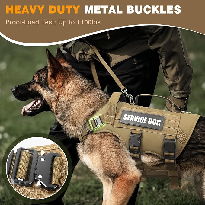 Service Dog Vest Harness for Large Dog, Tactical Working MOLLE Vest with 10 Pet Patches, No Pull Heavy Duty Harness for Training Walking