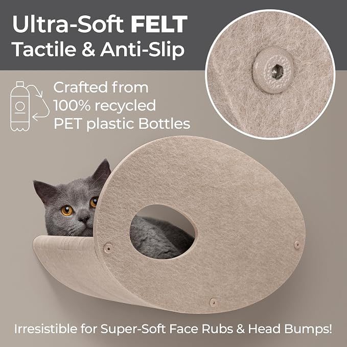 Pryde Pets Wall Mounted Cat Shelves with Facade Covers (Set of 4) 100% Sustainable PET Felt Feline Enrichment Climbing Walkways Furniture with Privacy & Safety, Modern Design for Cats (Oatmeal)