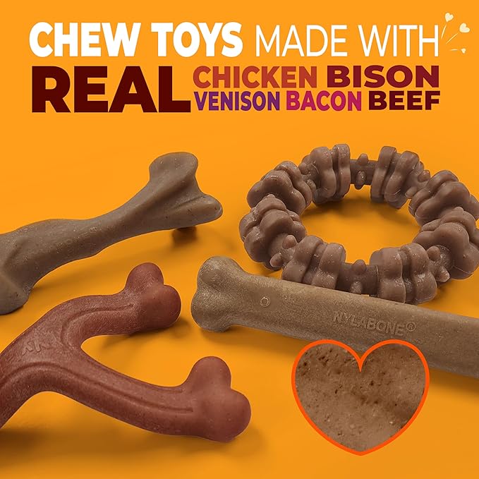 Nylabone Strong Chew Toy 4-Pack Bundle for Dogs Made with Real Bacon, Bison, Venison, Beef, & Chicken, Durable Dog Chew Bones for Aggressive Chewers, Large Dog Toys - Up to 50 lbs, 4 Count