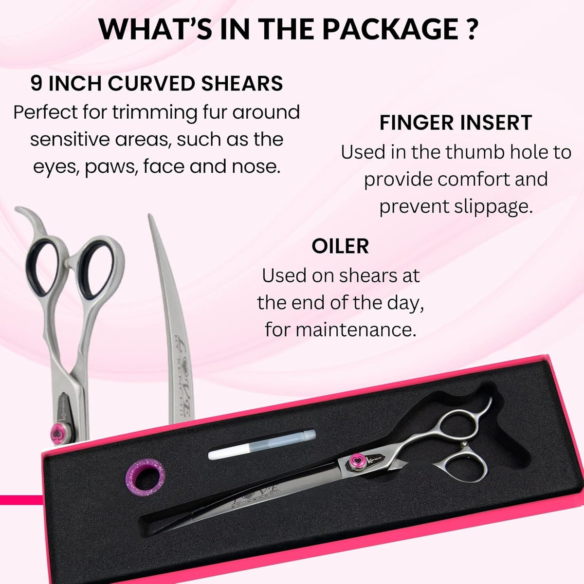 Kenchii Love Left Handed Dog Grooming Scissors, 9 Inch Curved Shears, Dog Scissors for Grooming, Professional Pet Grooming Scissors, Ergonomic & Comfortable