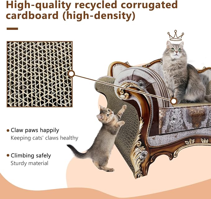 Luxury Cardboard Cat Scratcher Sofa Bed, Couch Shaped Cat Scratching Board, Scratch Lounge with Catnip, Scratcher for Indoor Cats Kittens Kitties Grey