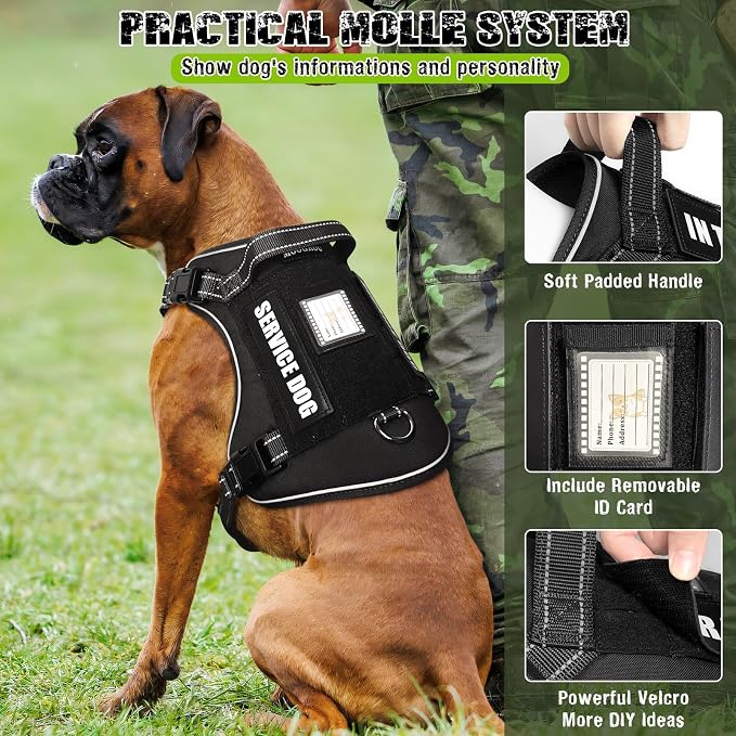 Tactical Dog Harness and Leash Set with 10 Patches for Large Dogs | Heavy Duty No Pull Service Dog Vest with Dog Seat Belt,Padded Handles,Adjustable Reflective for Training Hiking Black XL