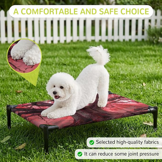 Outdoor Elevated Dog Bed for Medium Dogs, Red Trees Breathable Cooling Raised Dog Cot for Indoor/Outdoor, Country Forest Branches Nature Light View Waterproof Elevated Pet Beds, M 24 x 20 in