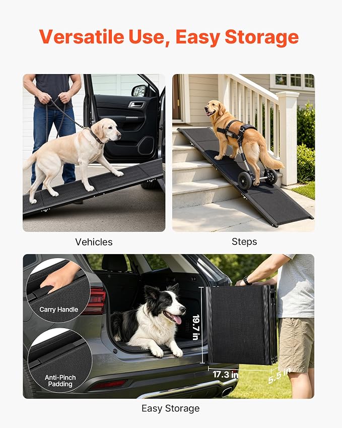 VEVOR Dog Ramp for Cars, 71" L x 17" W, Folding Pet Ramps for Medium & Large Dogs up to 250lbs, Pet Stair Ramp with Non-Slip Oxford Fabric Surface, Portable Outdoor Dog Car Ramps for SUV & Truck