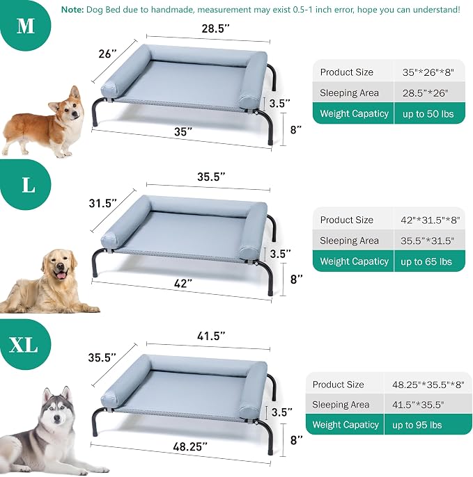 Cooling Elevated Dog Bed with Pillows,Portable Washable Raised Dog Cot with Chew Proof Mesh and Metal Frame,No-Slip Rubber Feet for Indoor & Outdoor Use,Medium,Gray