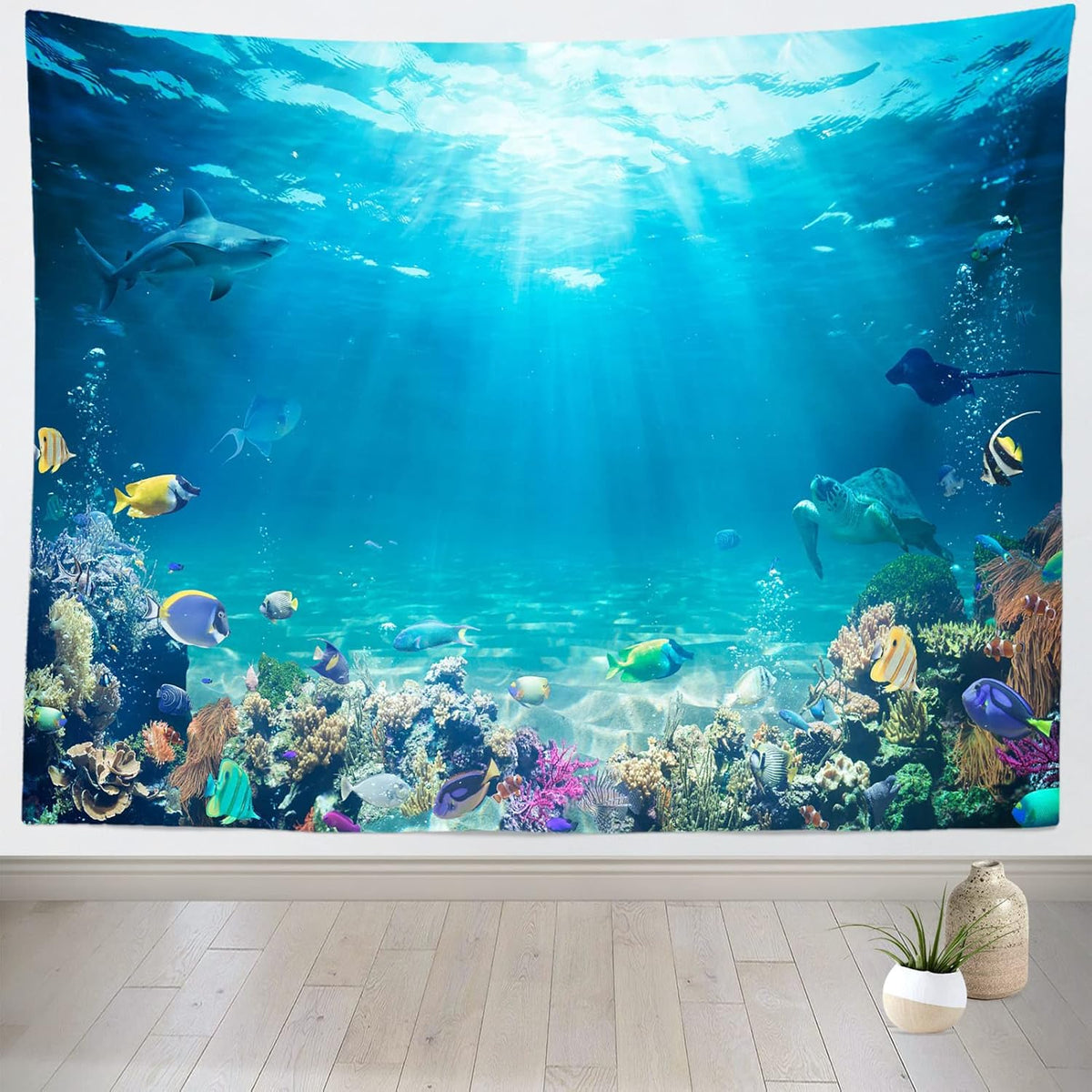 Underwater World Tapestry Blue Ocean Wall Hanging Under the Sea Coral Reef Wall Tapestry Tropical Fish Tank Undersea Tapestries Marine Wall Art for Bedroom Living Room Dorm Decor 118''x98''