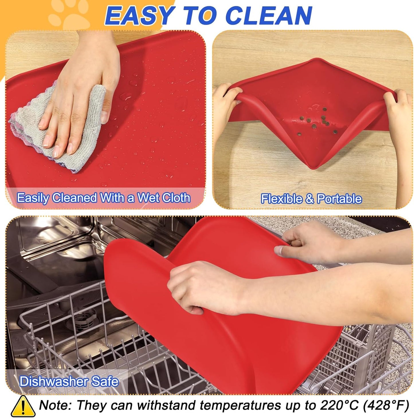 Silicone Pet Feeding Mat with Raised Edge for Food and Water, Dog Bowl Mats, Cat Bowls Placemat with High Lip for Floor Waterproof, Rubber Tray for Cats and Dogs 19 x 12 x0.7 Red